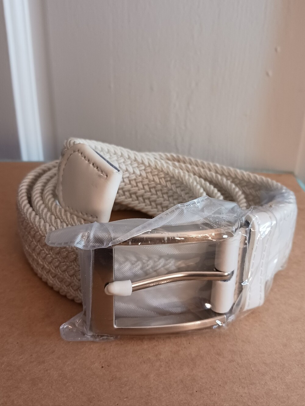 New Stretch Golf Belt , 45in Taupe /White 2in Silver-toned Buckle